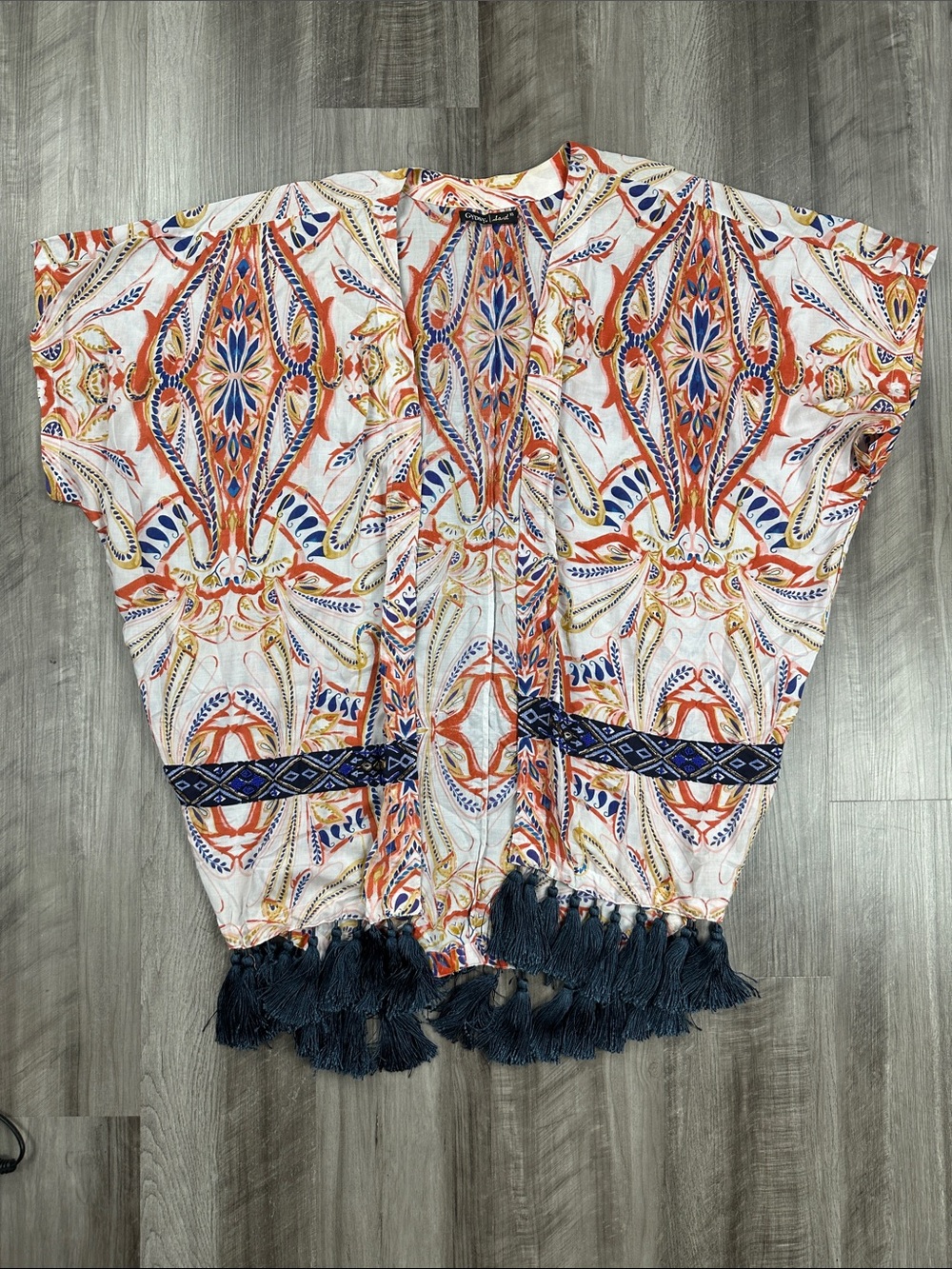 Gypsy 05 Sand Tasseled Embellished 3/4 Dolman Sleeve Kimono Cover Up - XS